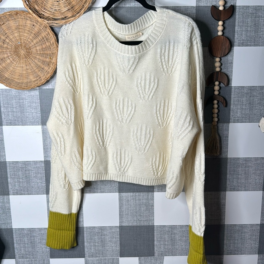 Roolee Cream Sweater with Green Cuffs